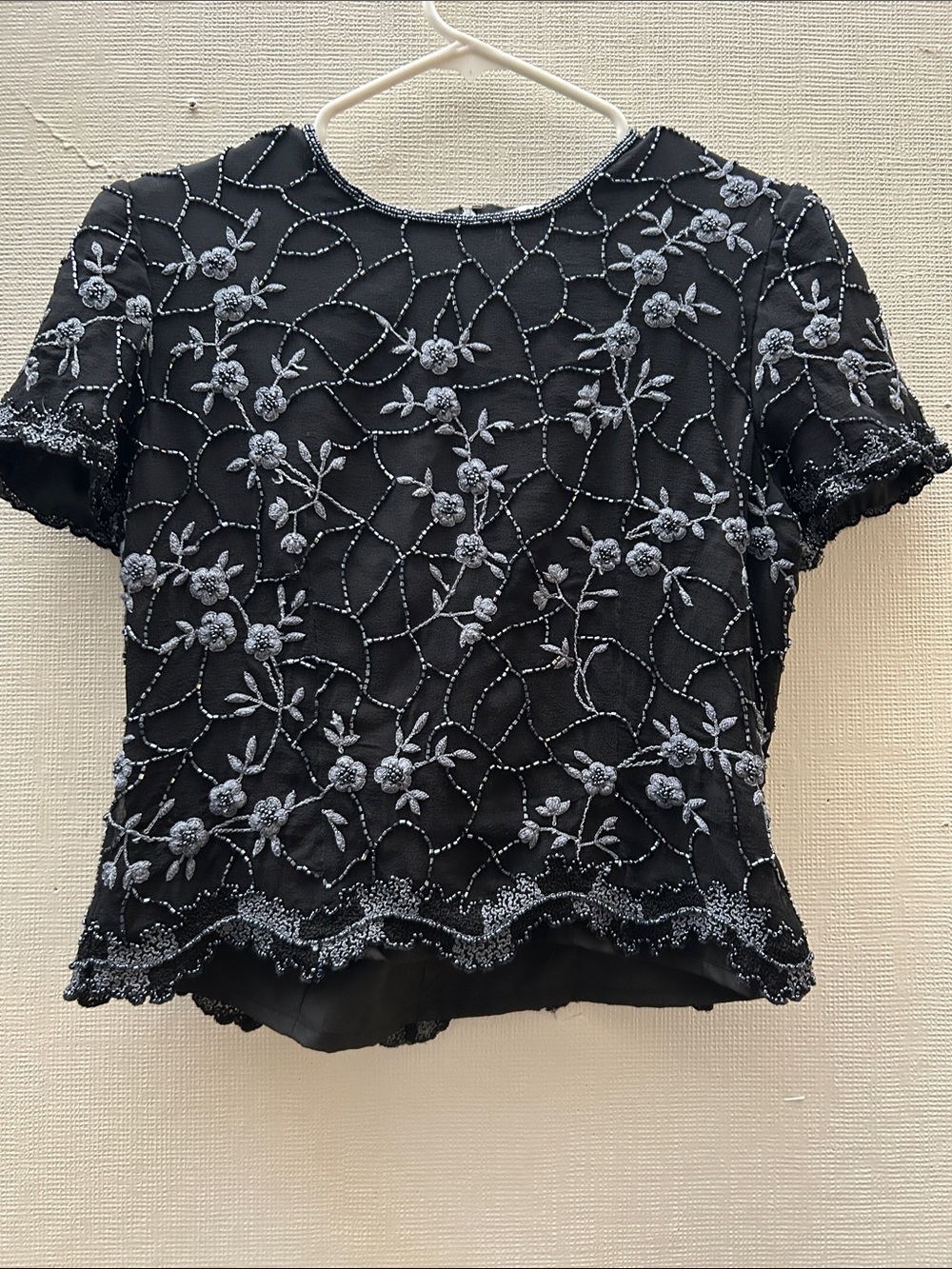 Papell Boutique Black Short-Sleeve Beaded Floral Top